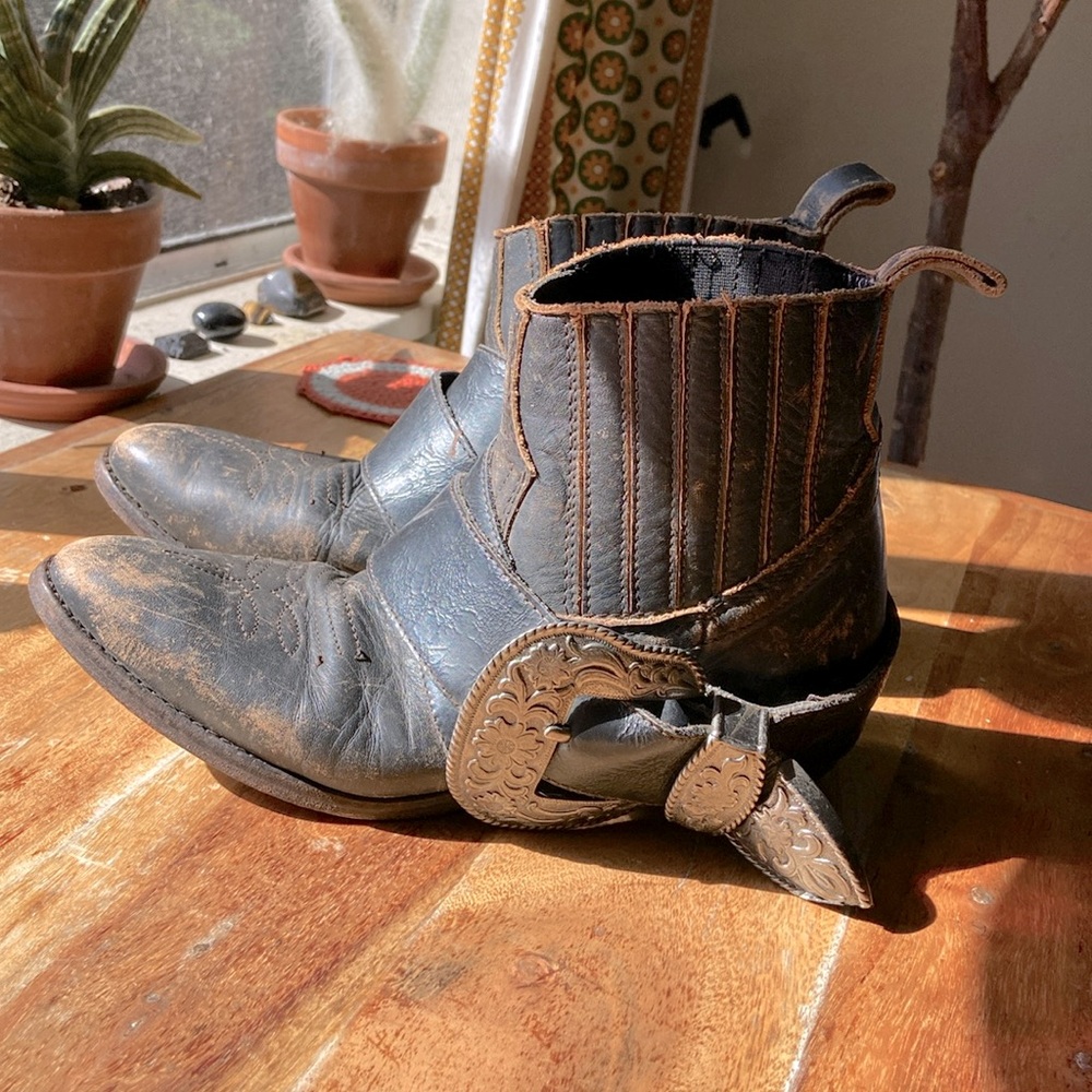 Free People Black Distressed Ankle Cowboy Boots